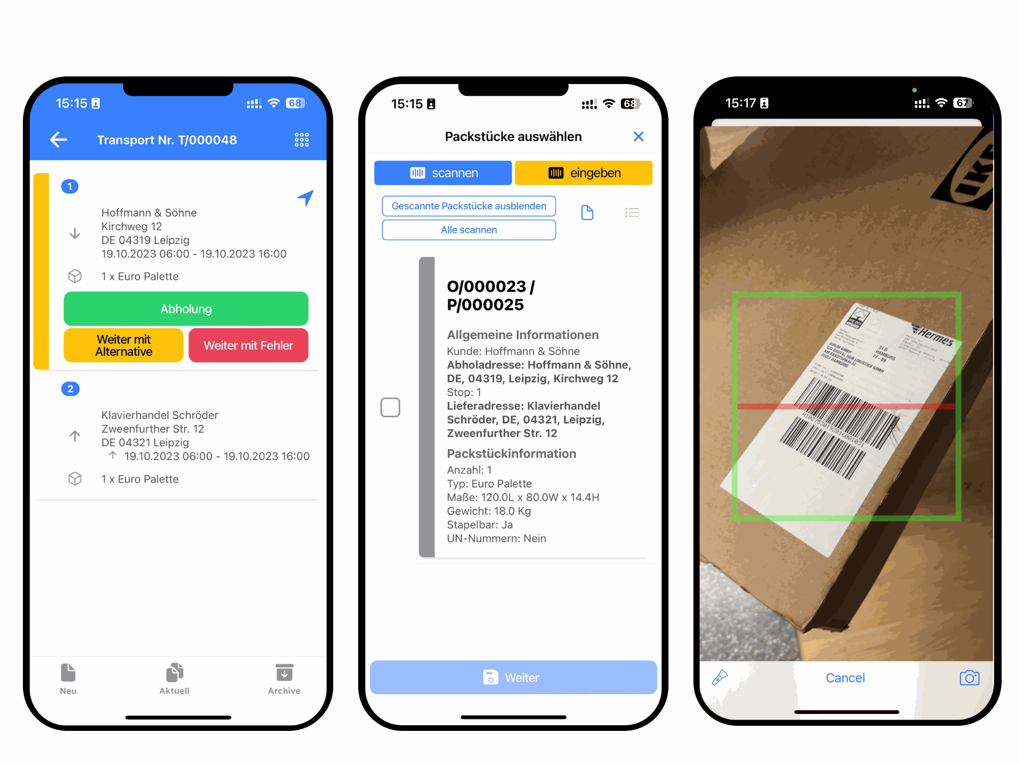 Screenshot aus der Fahrer-App: Ideal für verschiedene Abfertigungsszenarios