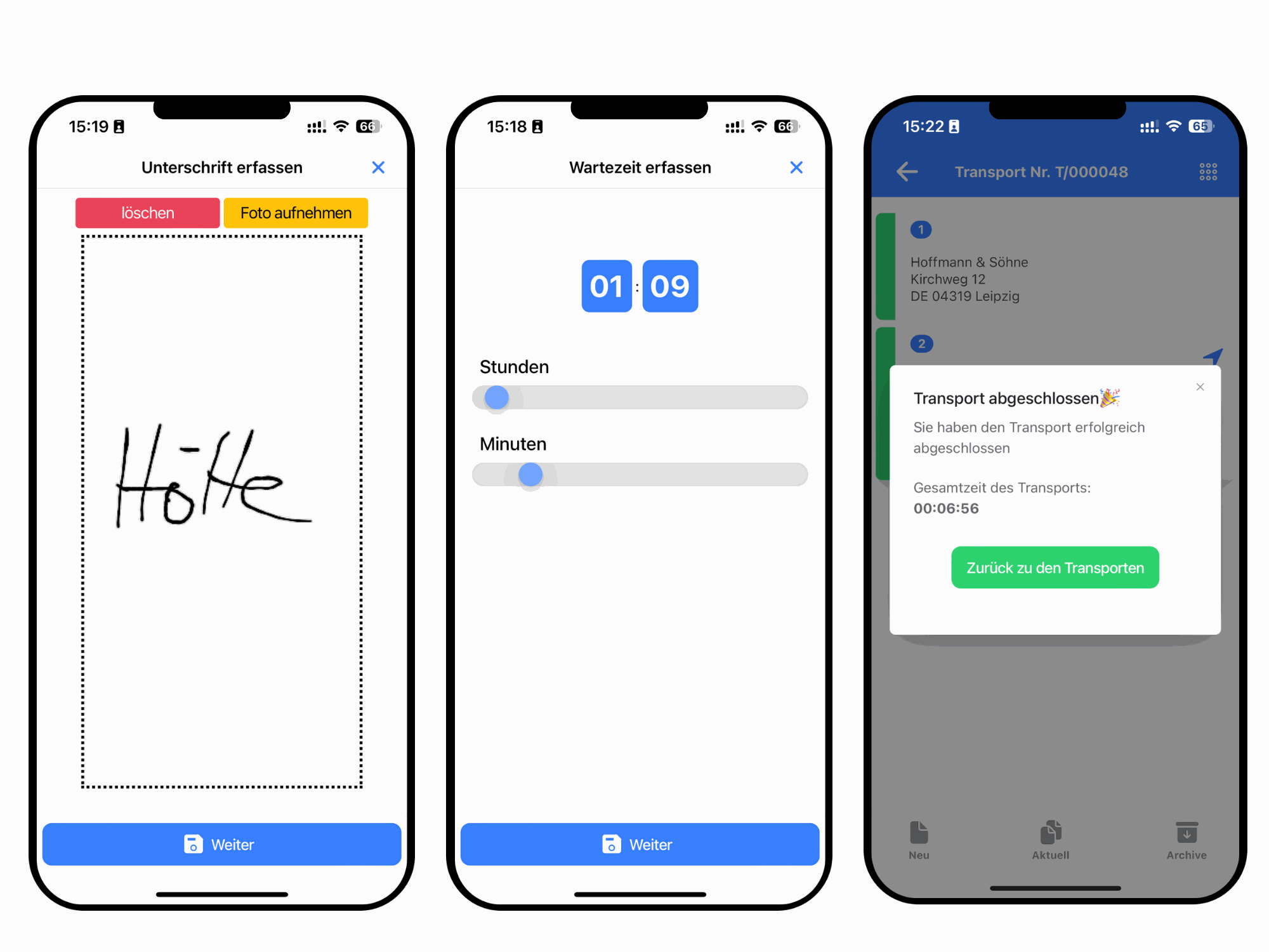 Screenshots aus der Fahrer-App: Zustelloptionen 
